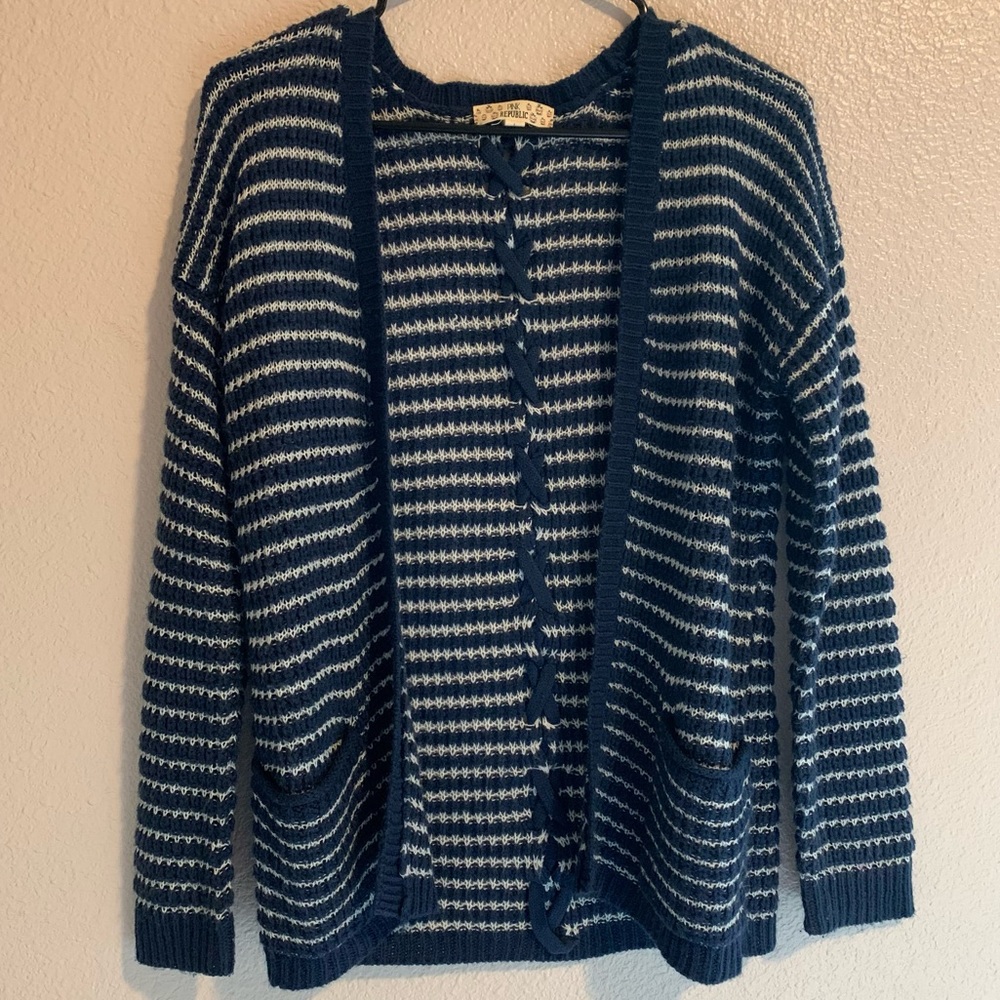 Pink Republic Girl's Blue and White Stripes Knit Cardigan Sweater Size Girl's L